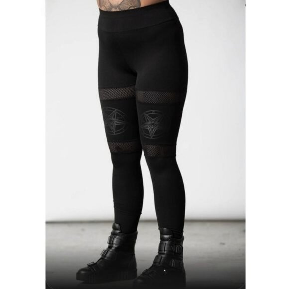 Killstar ✦ Hellbound Leggings ✦ Black Cotton Blend Mesh Inserts Statement Print - Picture 2 of 8